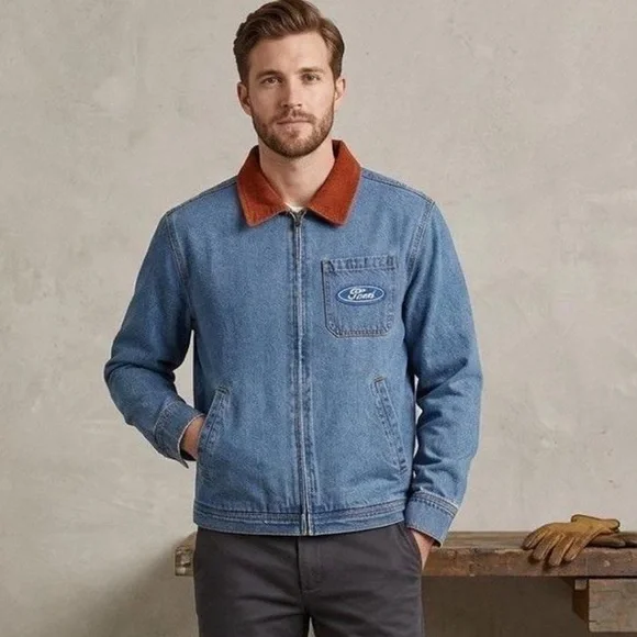 Ford Men’s Blue Denim Work Jacket with Brown Corduroy Collar Sz S NWT - Picture 1 of 7